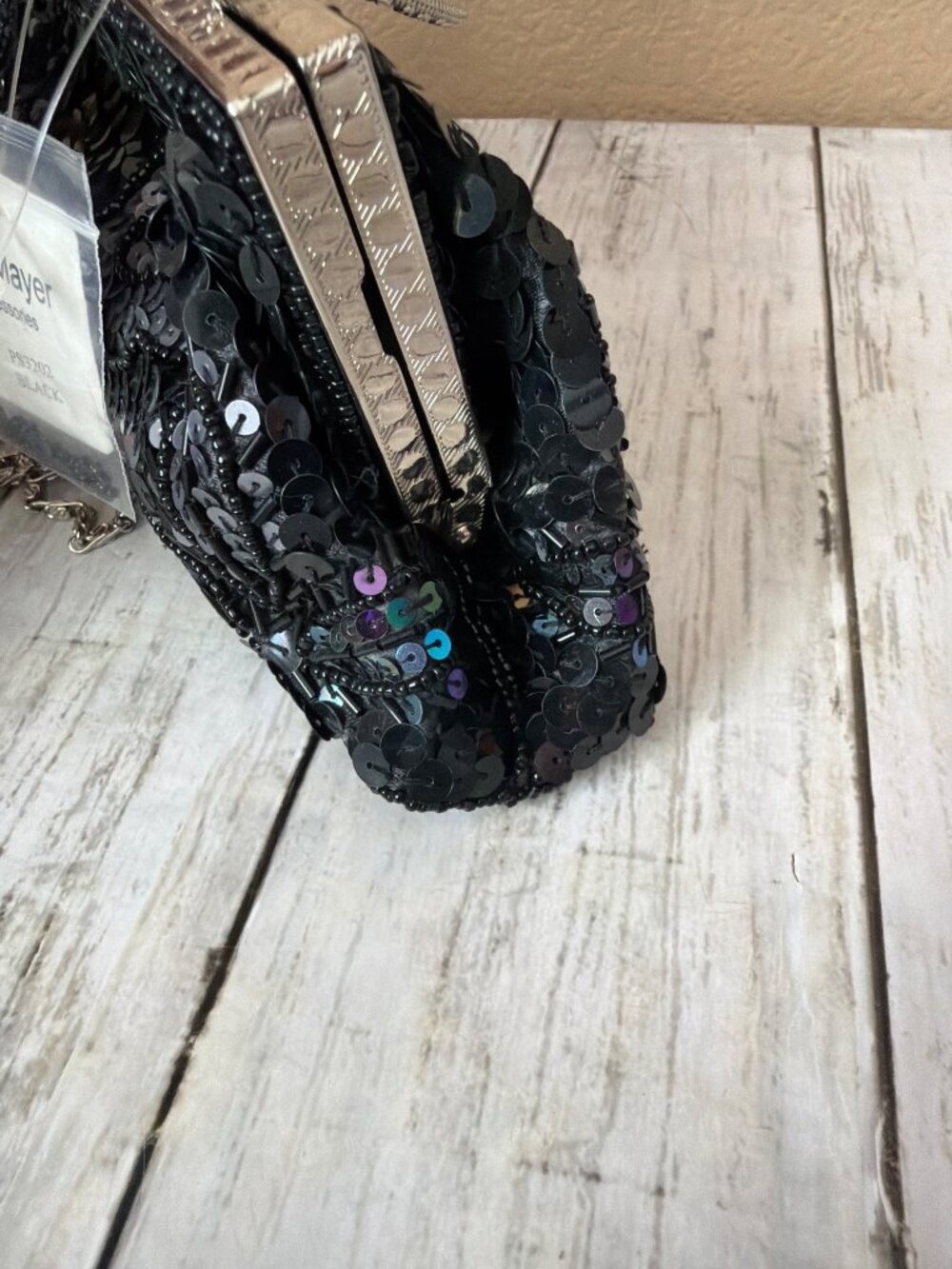 Y2K Max Mayer Black Beaded Sequin Evening Bag Clutch Kiss Lock Chain Strap NEW - Picture 5 of 14